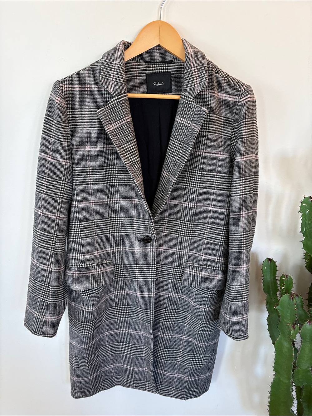 Rails - Anders Charcoal Gray Plaid Blazer with Pink Overcheck